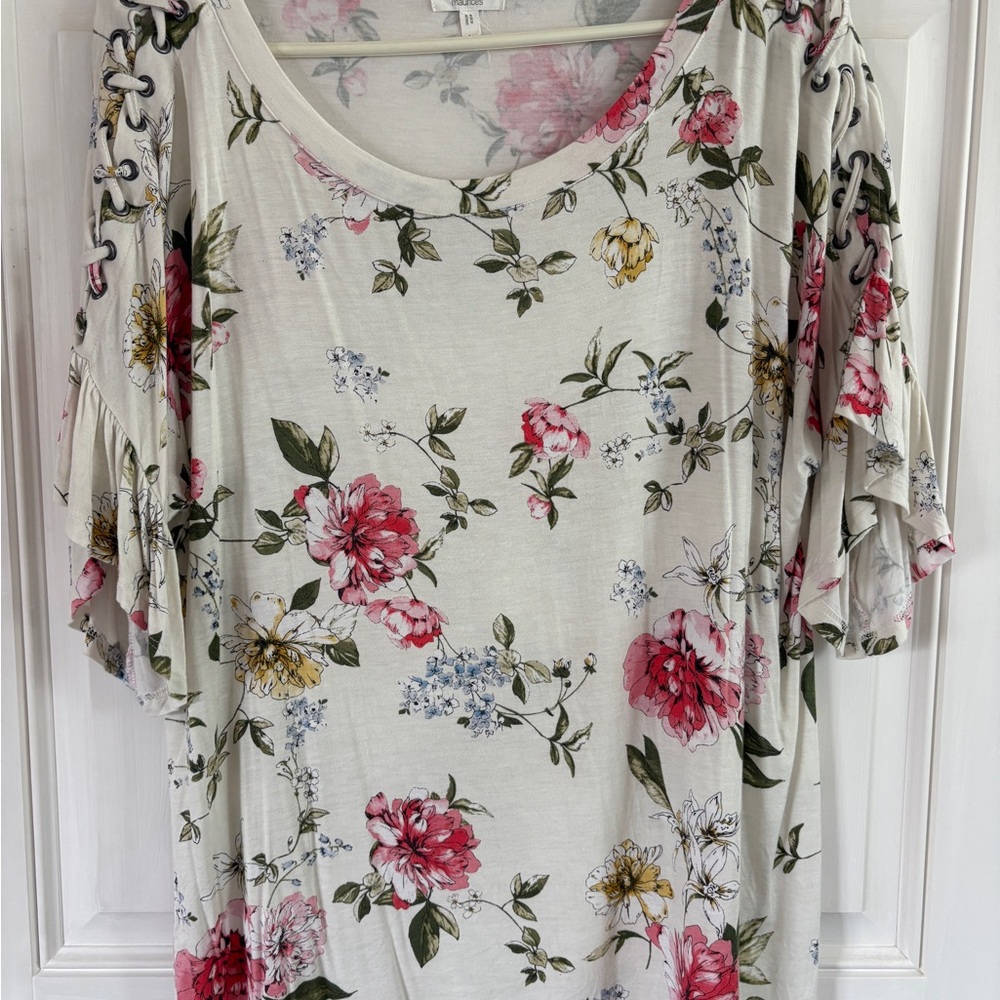Maurices Floral Lace-Up Sleeve Blouse - Pink and Green